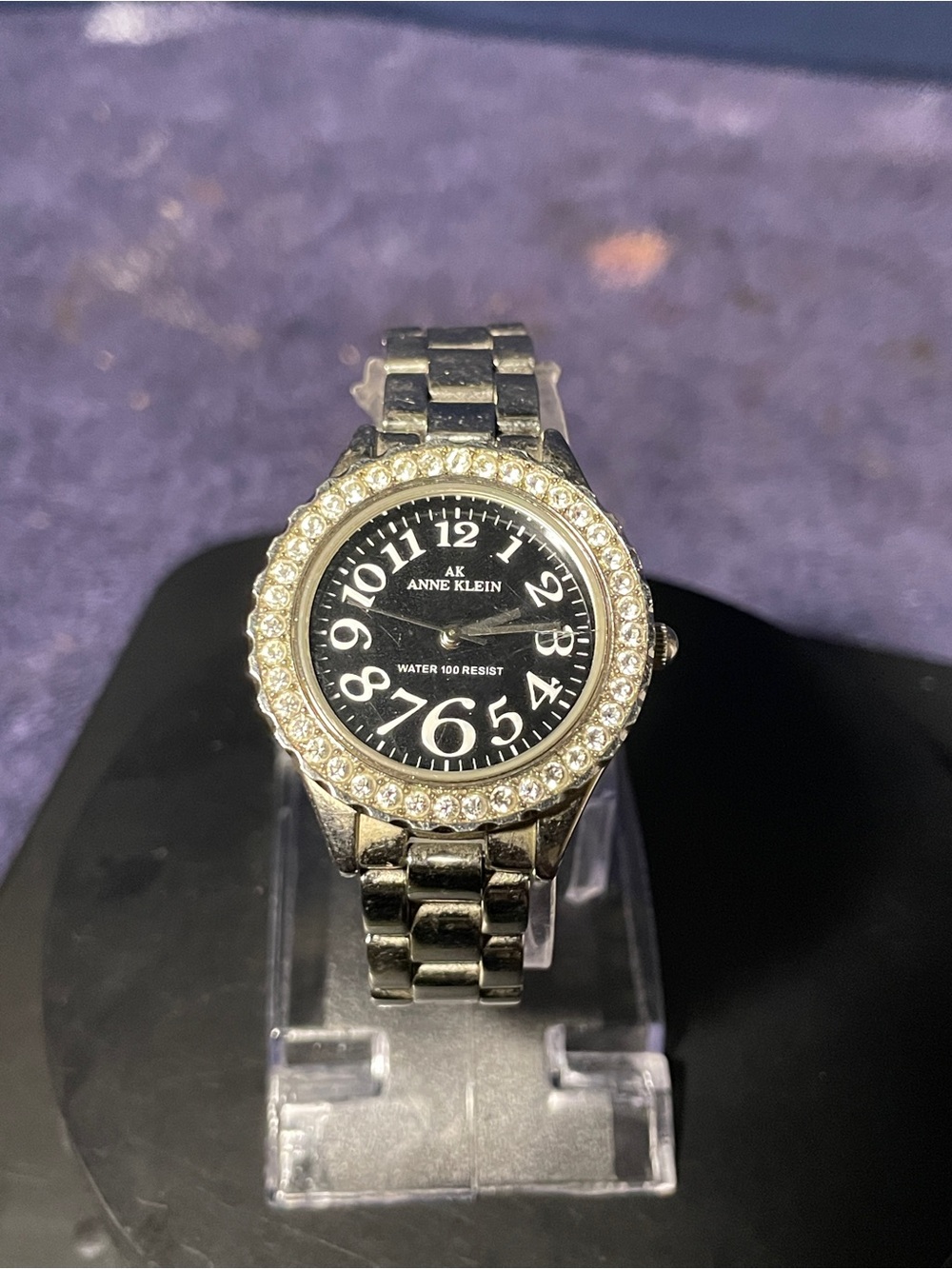 Anne Klein Black Dial Silver-Tone Crystal Bezel Watch